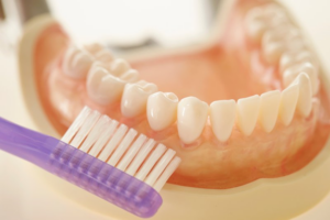 Close up of dentures and a purple toothbrush